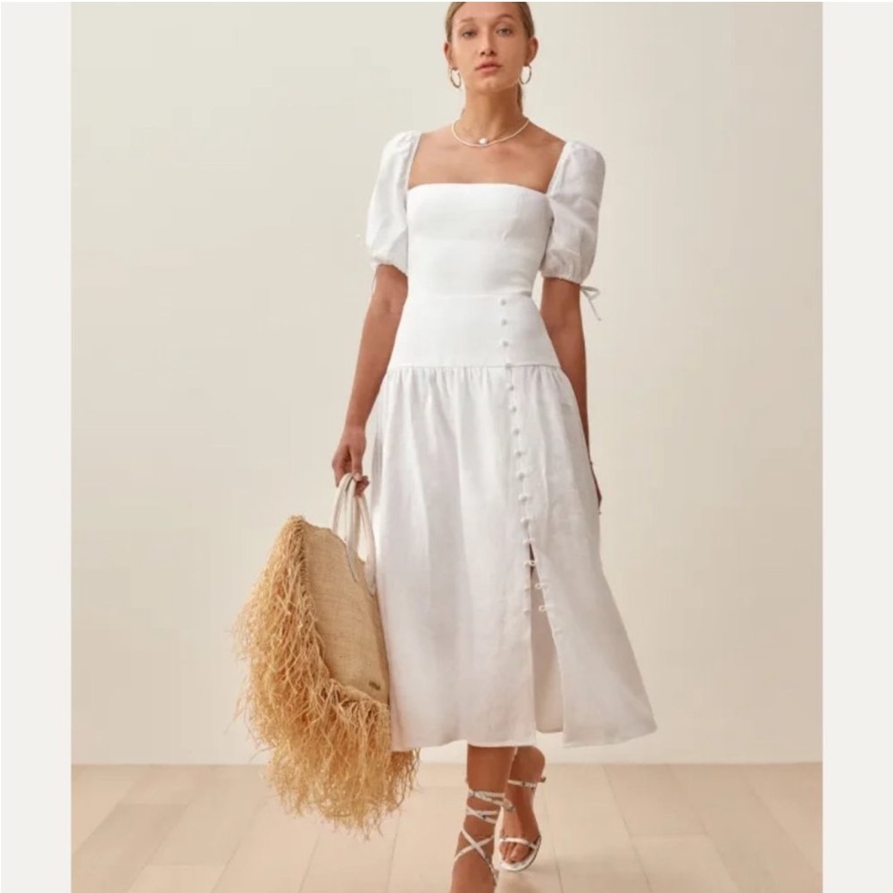 Reformation Bridal Melony Linen Dress in White Midi Short Sleeves Size 4